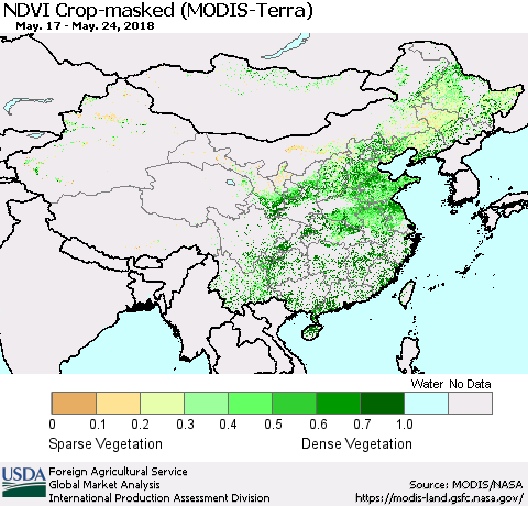 China, Mongolia and Taiwan Cropland NDVI (Terra-MODIS) Thematic Map For 5/21/2018 - 5/31/2018