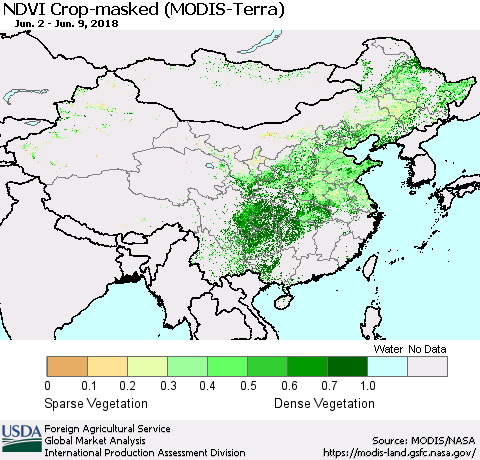 China, Mongolia and Taiwan Cropland NDVI (Terra-MODIS) Thematic Map For 6/1/2018 - 6/10/2018