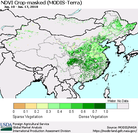 China, Mongolia and Taiwan Cropland NDVI (Terra-MODIS) Thematic Map For 6/11/2018 - 6/20/2018