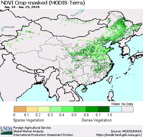 China, Mongolia and Taiwan Cropland NDVI (Terra-MODIS) Thematic Map For 6/21/2018 - 6/30/2018