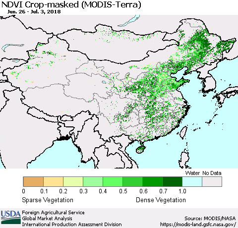 China, Mongolia and Taiwan Cropland NDVI (Terra-MODIS) Thematic Map For 7/1/2018 - 7/10/2018