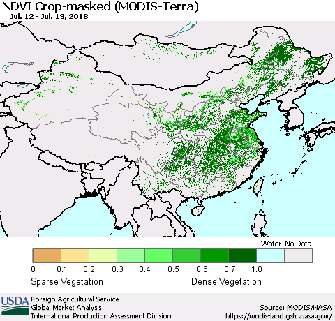 China, Mongolia and Taiwan Cropland NDVI (Terra-MODIS) Thematic Map For 7/11/2018 - 7/20/2018