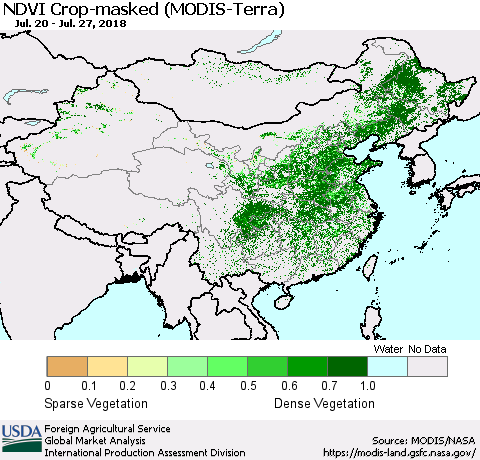 China, Mongolia and Taiwan Cropland NDVI (Terra-MODIS) Thematic Map For 7/21/2018 - 7/31/2018