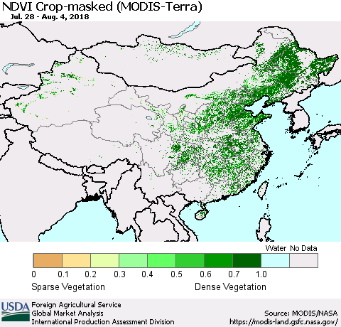 China, Mongolia and Taiwan Cropland NDVI (Terra-MODIS) Thematic Map For 8/1/2018 - 8/10/2018
