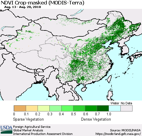 China, Mongolia and Taiwan Cropland NDVI (Terra-MODIS) Thematic Map For 8/11/2018 - 8/20/2018