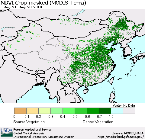 China, Mongolia and Taiwan Cropland NDVI (Terra-MODIS) Thematic Map For 8/21/2018 - 8/31/2018