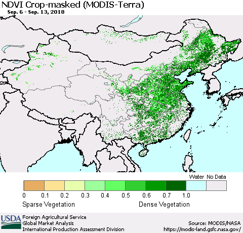 China and Taiwan Cropland NDVI (Terra-MODIS) Thematic Map For 9/11/2018 - 9/20/2018