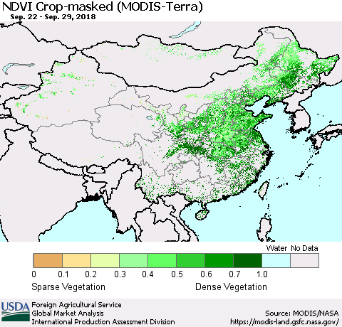 China and Taiwan Cropland NDVI (Terra-MODIS) Thematic Map For 9/21/2018 - 9/30/2018
