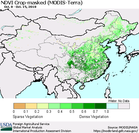 China and Taiwan Cropland NDVI (Terra-MODIS) Thematic Map For 10/11/2018 - 10/20/2018