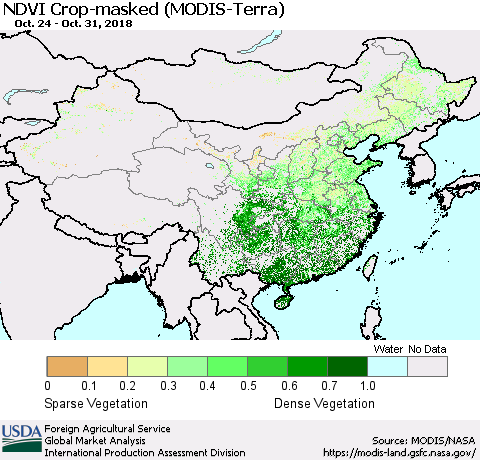 China and Taiwan Cropland NDVI (Terra-MODIS) Thematic Map For 10/21/2018 - 10/31/2018