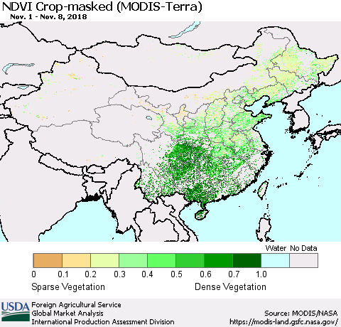 China and Taiwan Cropland NDVI (Terra-MODIS) Thematic Map For 11/1/2018 - 11/10/2018