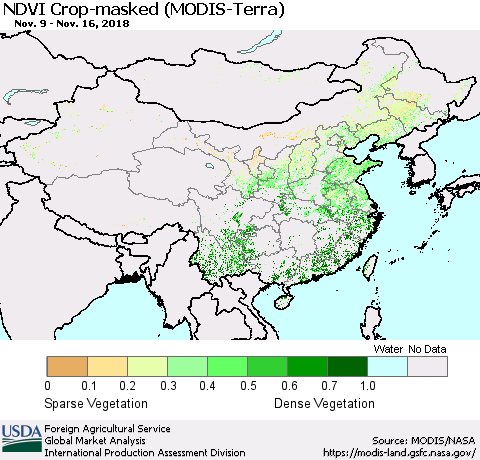 China and Taiwan Cropland NDVI (Terra-MODIS) Thematic Map For 11/11/2018 - 11/20/2018