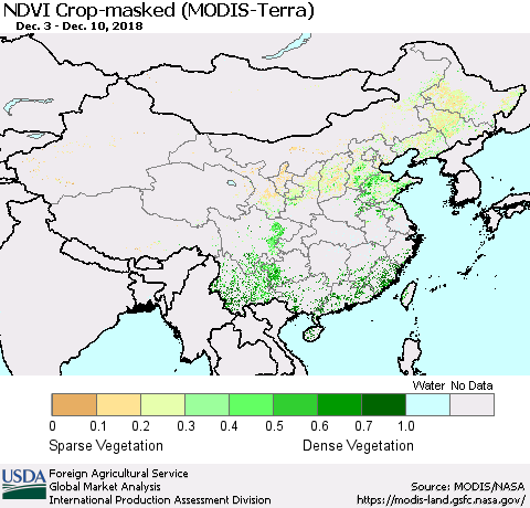 China and Taiwan Cropland NDVI (Terra-MODIS) Thematic Map For 12/1/2018 - 12/10/2018