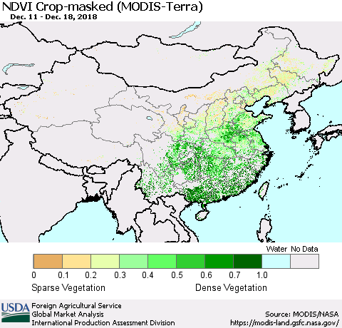China and Taiwan Cropland NDVI (Terra-MODIS) Thematic Map For 12/11/2018 - 12/20/2018