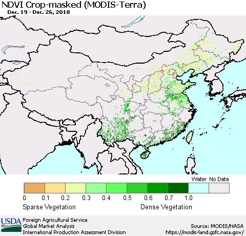 China, Mongolia and Taiwan Cropland NDVI (Terra-MODIS) Thematic Map For 12/21/2018 - 12/31/2018