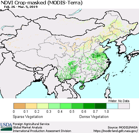 China, Mongolia and Taiwan Cropland NDVI (Terra-MODIS) Thematic Map For 3/1/2019 - 3/10/2019