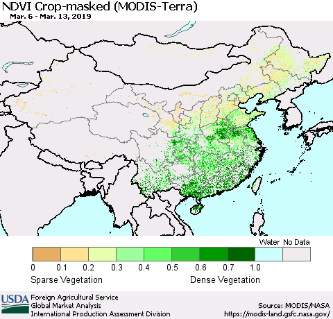 China, Mongolia and Taiwan Cropland NDVI (Terra-MODIS) Thematic Map For 3/11/2019 - 3/20/2019