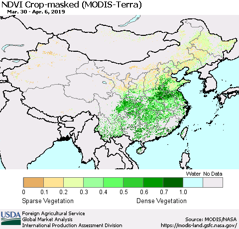 China and Taiwan Cropland NDVI (Terra-MODIS) Thematic Map For 4/1/2019 - 4/10/2019
