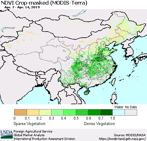 China and Taiwan Cropland NDVI (Terra-MODIS) Thematic Map For 4/11/2019 - 4/20/2019