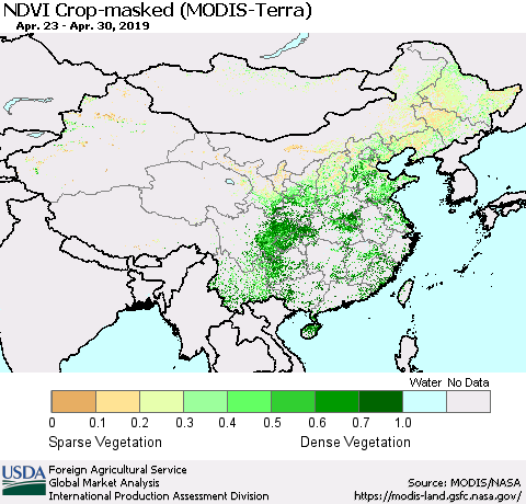 China and Taiwan Cropland NDVI (Terra-MODIS) Thematic Map For 4/21/2019 - 4/30/2019