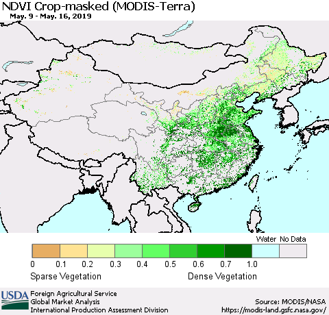 China and Taiwan Cropland NDVI (Terra-MODIS) Thematic Map For 5/11/2019 - 5/20/2019