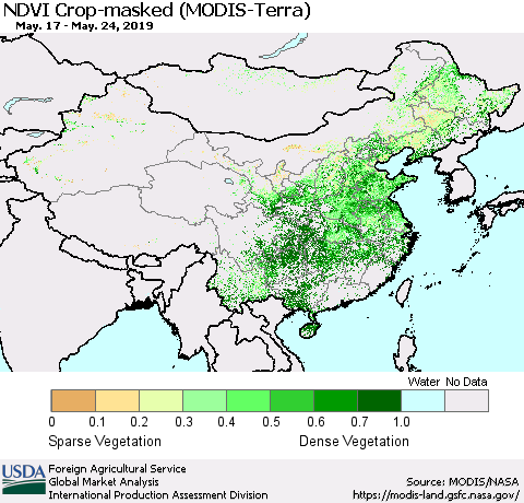 China and Taiwan Cropland NDVI (Terra-MODIS) Thematic Map For 5/21/2019 - 5/31/2019