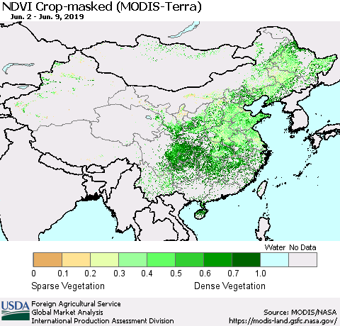 China and Taiwan Cropland NDVI (Terra-MODIS) Thematic Map For 6/1/2019 - 6/10/2019