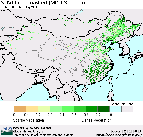 China, Mongolia and Taiwan Cropland NDVI (Terra-MODIS) Thematic Map For 6/11/2019 - 6/20/2019