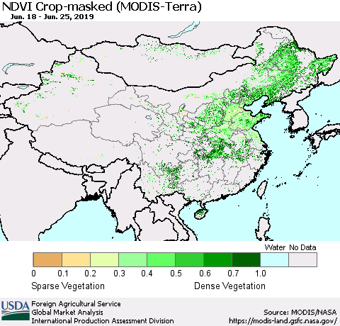 China and Taiwan Cropland NDVI (Terra-MODIS) Thematic Map For 6/21/2019 - 6/30/2019
