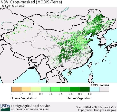 China and Taiwan Cropland NDVI (Terra-MODIS) Thematic Map For 7/1/2019 - 7/10/2019