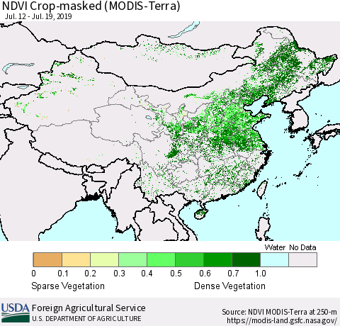 China and Taiwan Cropland NDVI (Terra-MODIS) Thematic Map For 7/11/2019 - 7/20/2019