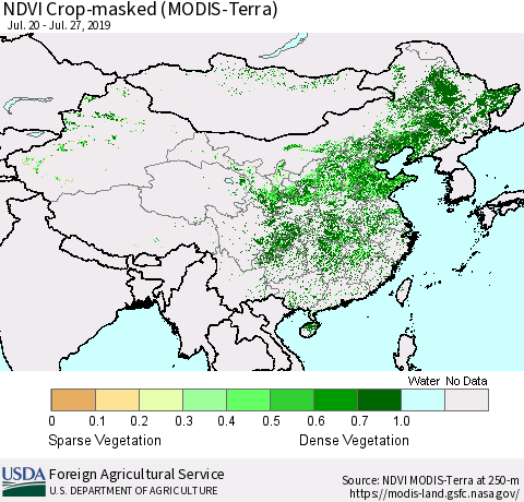 China and Taiwan Cropland NDVI (Terra-MODIS) Thematic Map For 7/21/2019 - 7/31/2019