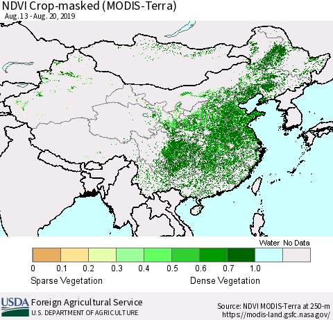 China and Taiwan Cropland NDVI (Terra-MODIS) Thematic Map For 8/11/2019 - 8/20/2019