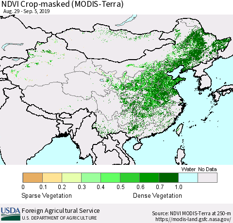 China, Mongolia and Taiwan Cropland NDVI (Terra-MODIS) Thematic Map For 9/1/2019 - 9/10/2019