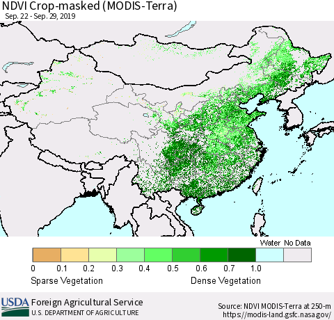 China and Taiwan Cropland NDVI (Terra-MODIS) Thematic Map For 9/21/2019 - 9/30/2019