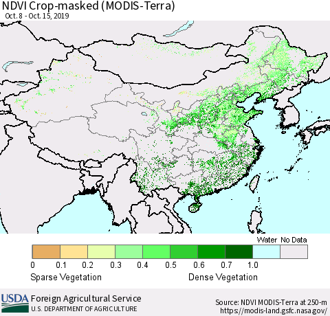 China and Taiwan Cropland NDVI (Terra-MODIS) Thematic Map For 10/11/2019 - 10/20/2019