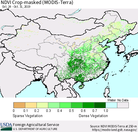 China and Taiwan Cropland NDVI (Terra-MODIS) Thematic Map For 10/21/2019 - 10/31/2019