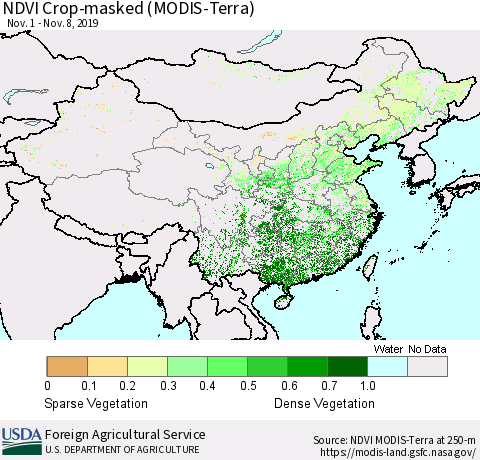 China, Mongolia and Taiwan Cropland NDVI (Terra-MODIS) Thematic Map For 11/1/2019 - 11/10/2019