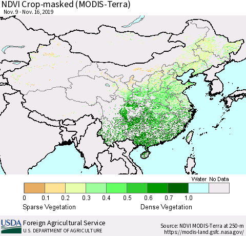 China and Taiwan Cropland NDVI (Terra-MODIS) Thematic Map For 11/11/2019 - 11/20/2019