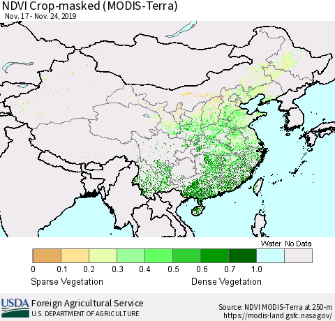 China, Mongolia and Taiwan Cropland NDVI (Terra-MODIS) Thematic Map For 11/21/2019 - 11/30/2019