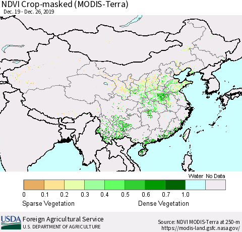 China and Taiwan Cropland NDVI (Terra-MODIS) Thematic Map For 12/21/2019 - 12/31/2019