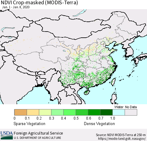 China and Taiwan Cropland NDVI (Terra-MODIS) Thematic Map For 1/1/2020 - 1/10/2020