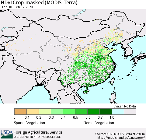 China and Taiwan Cropland NDVI (Terra-MODIS) Thematic Map For 2/11/2020 - 2/20/2020