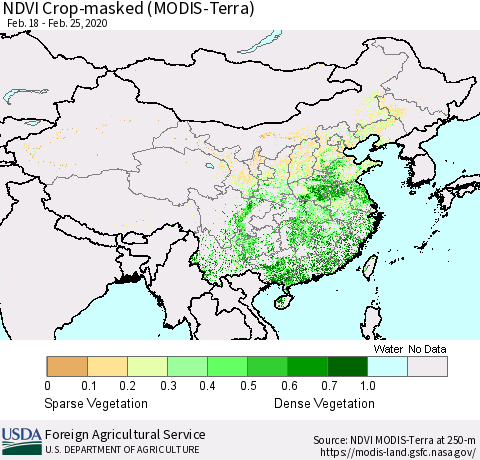 China, Mongolia and Taiwan Cropland NDVI (Terra-MODIS) Thematic Map For 2/21/2020 - 2/29/2020