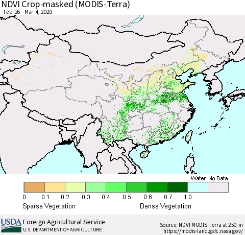 China, Mongolia and Taiwan Cropland NDVI (Terra-MODIS) Thematic Map For 3/1/2020 - 3/10/2020
