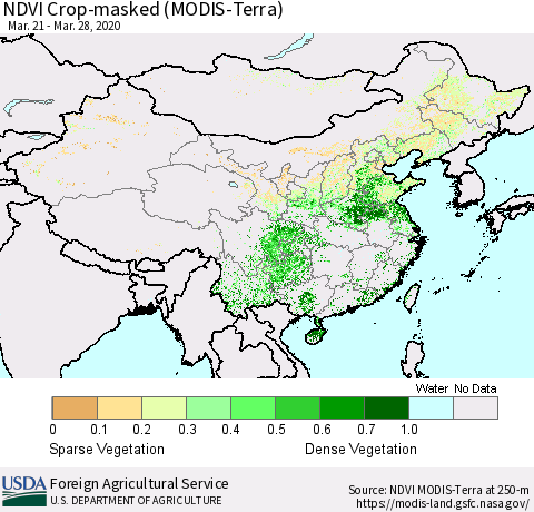 China and Taiwan Cropland NDVI (Terra-MODIS) Thematic Map For 3/21/2020 - 3/31/2020