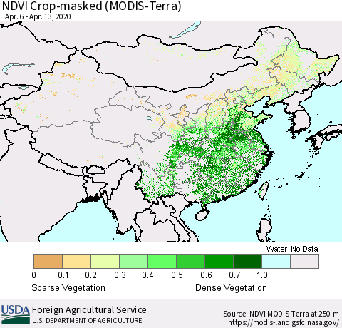 China and Taiwan Cropland NDVI (Terra-MODIS) Thematic Map For 4/11/2020 - 4/20/2020