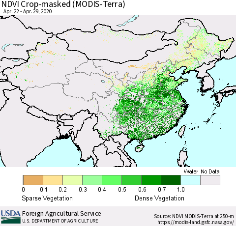 China and Taiwan Cropland NDVI (Terra-MODIS) Thematic Map For 4/21/2020 - 4/30/2020