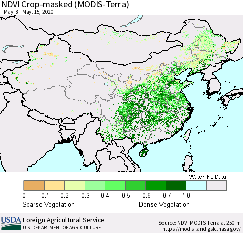 China and Taiwan Cropland NDVI (Terra-MODIS) Thematic Map For 5/11/2020 - 5/20/2020