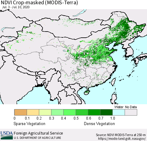 China and Taiwan Cropland NDVI (Terra-MODIS) Thematic Map For 7/1/2020 - 7/10/2020